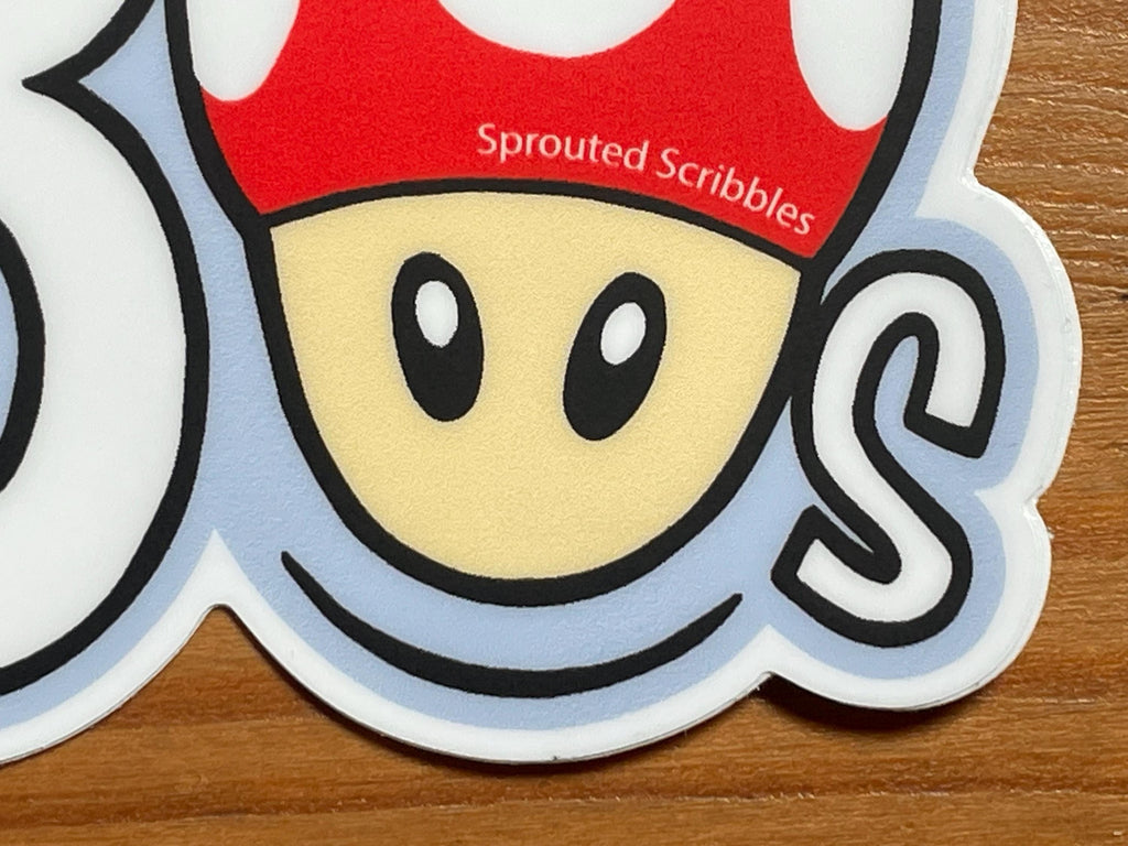 1980 Sticker with Mushroom and Sword | Eighties Decal | Weatherproof Vinyl