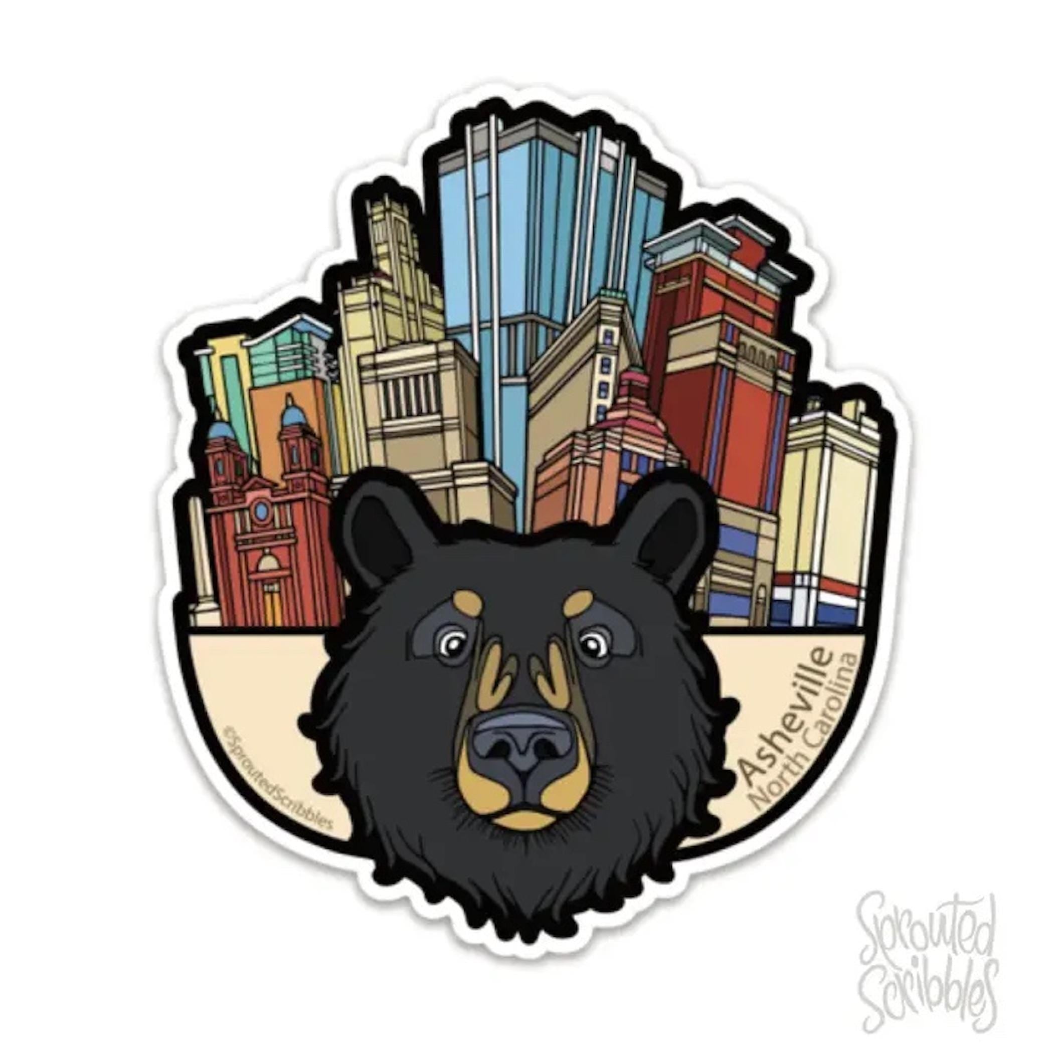 Asheville Bear and City Buildings Sticker