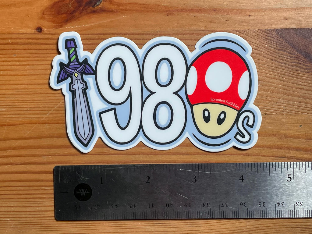 1980 Sticker with Mushroom and Sword | Eighties Decal | Weatherproof Vinyl