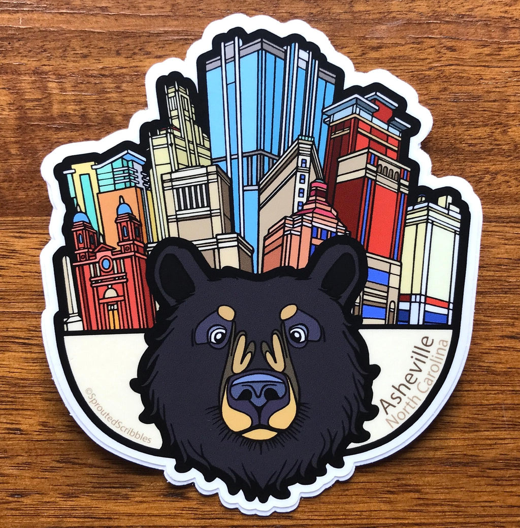 Asheville Bear and City Buildings Sticker