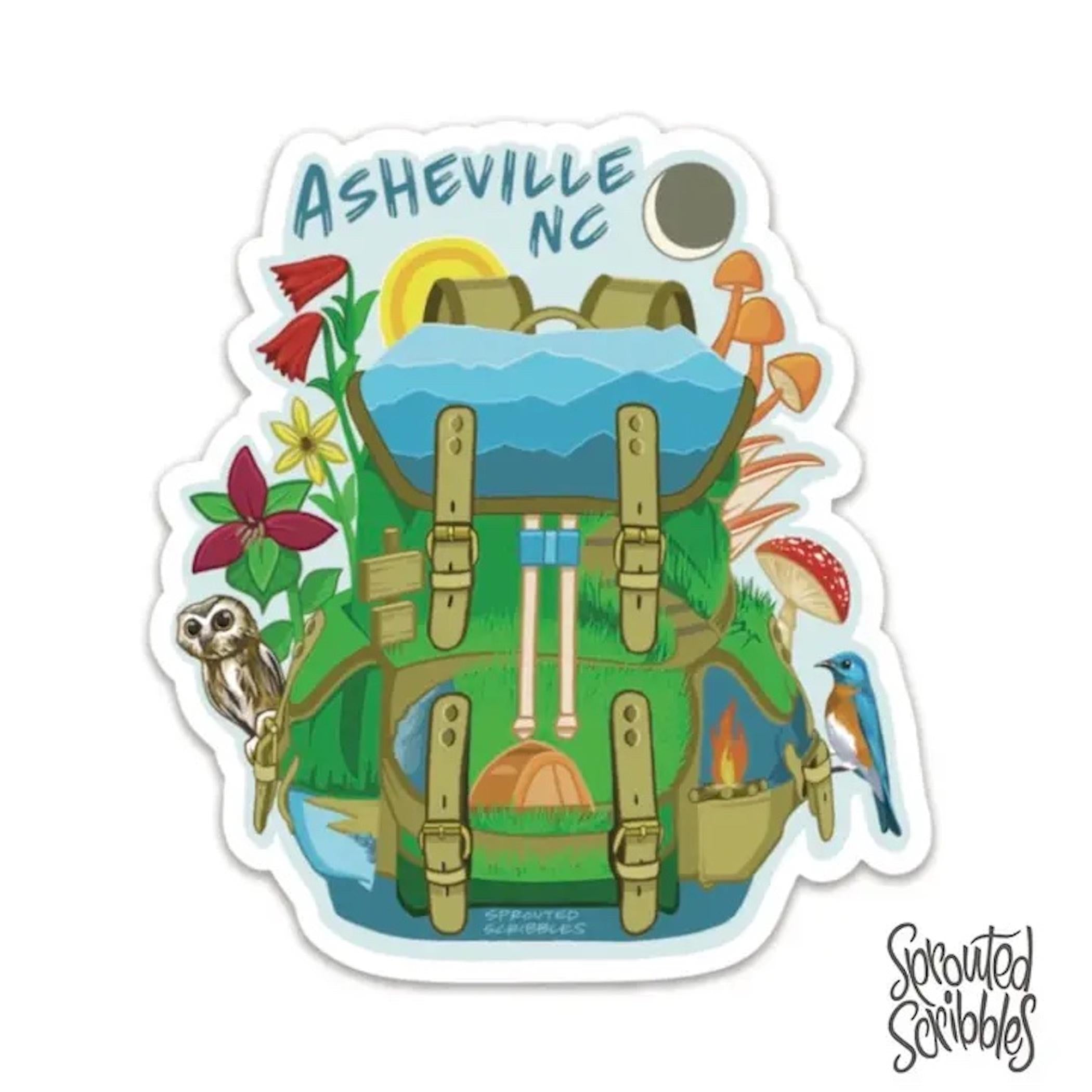Asheville Backpack Sticker | Colorful Blue Ridge Mountains Decal