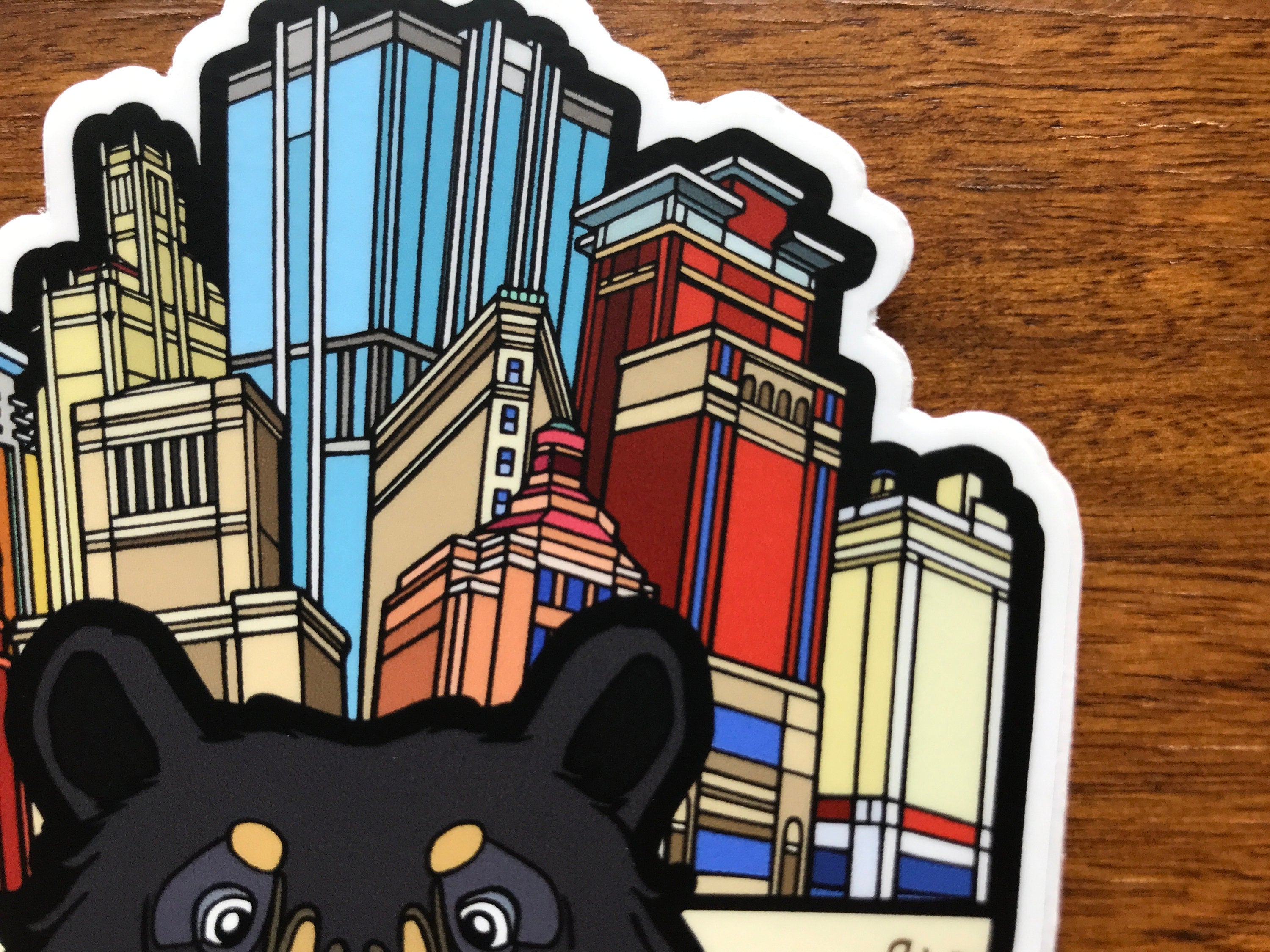 Asheville Bear and City Buildings Sticker