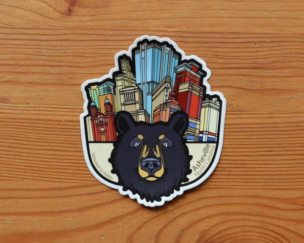 Asheville Bear and City Buildings Sticker