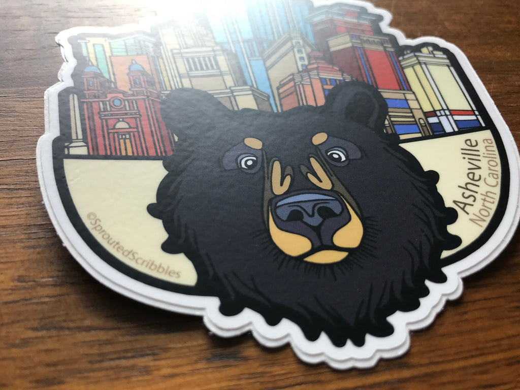 Asheville Bear and City Buildings Sticker