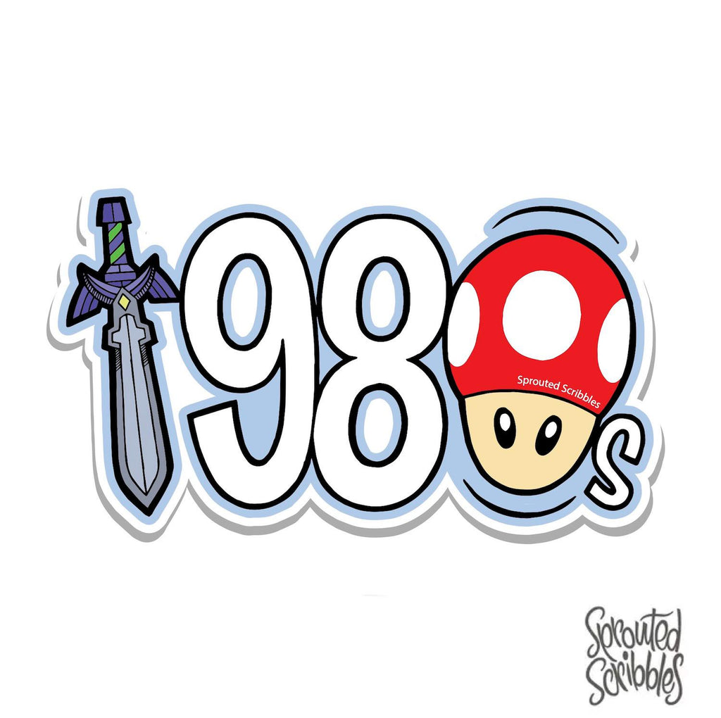 1980 Sticker with Mushroom and Sword | Eighties Decal | Weatherproof Vinyl