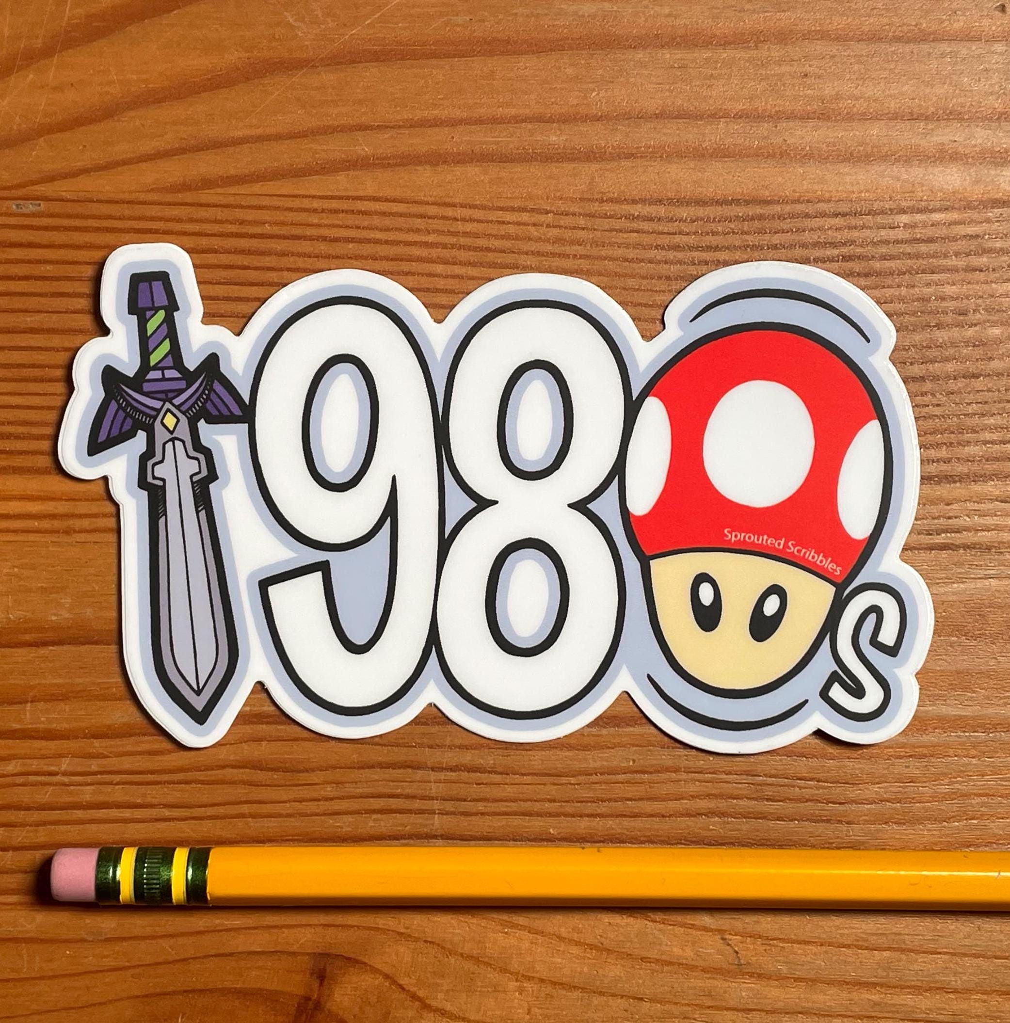 1980 Sticker with Mushroom and Sword | Eighties Decal | Weatherproof Vinyl