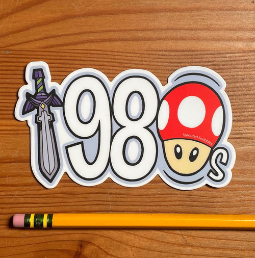 1980 Sticker with Mushroom and Sword | Eighties Decal | Weatherproof Vinyl