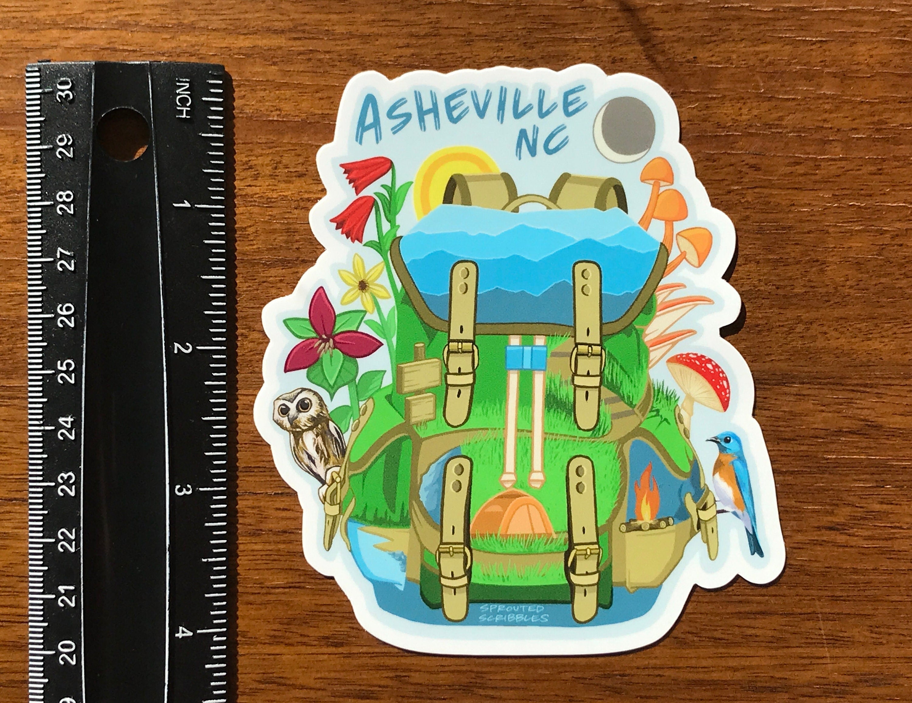 Asheville Backpack Sticker | Colorful Blue Ridge Mountains Decal