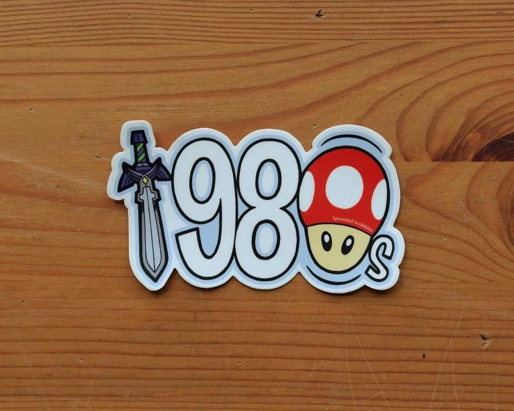 1980 Sticker with Mushroom and Sword | Eighties Decal | Weatherproof Vinyl