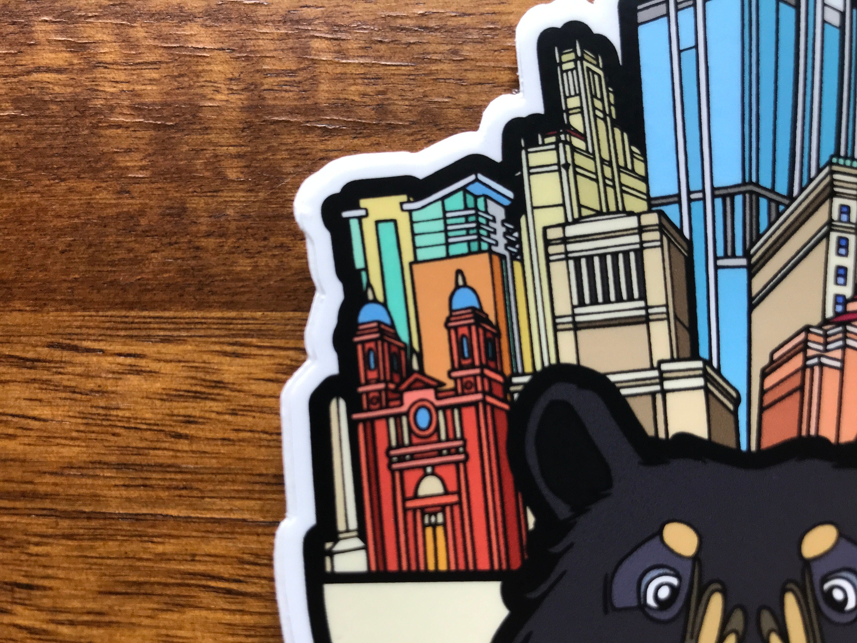 Asheville Bear and City Buildings Sticker