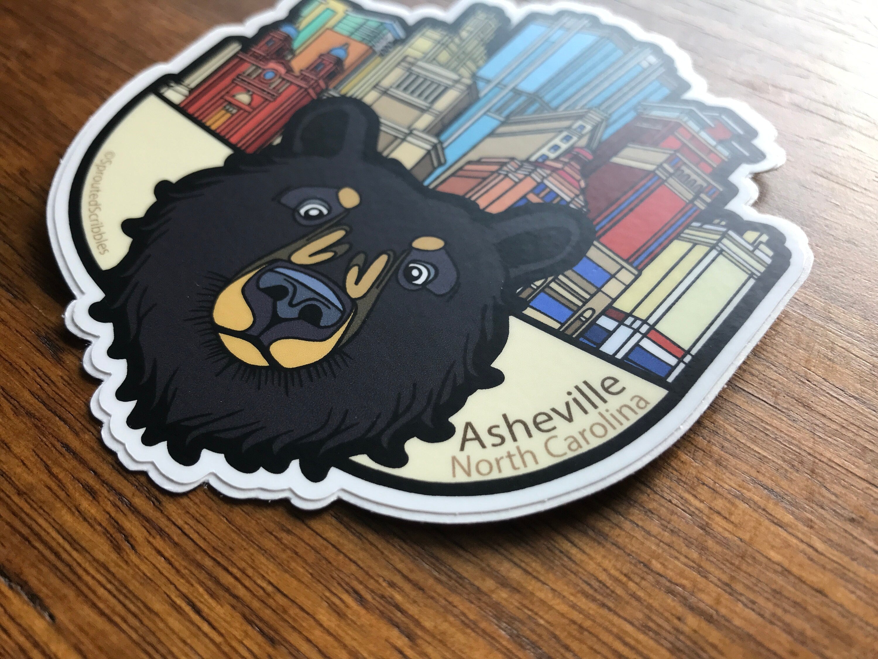 Asheville Bear and City Buildings Sticker