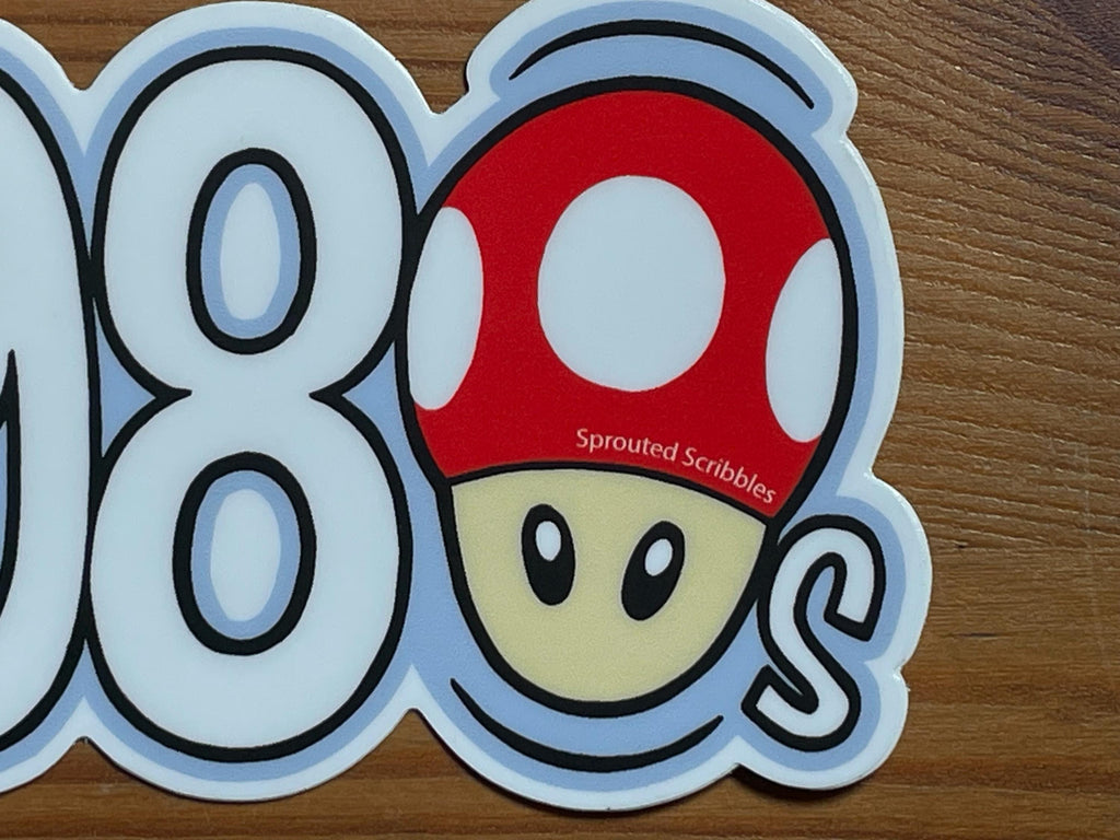 1980 Sticker with Mushroom and Sword | Eighties Decal | Weatherproof Vinyl